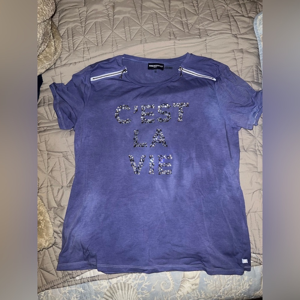 Karl Lagerfeld C'est La Vie Rhinestone Zipper Shirt Purple Womens L
